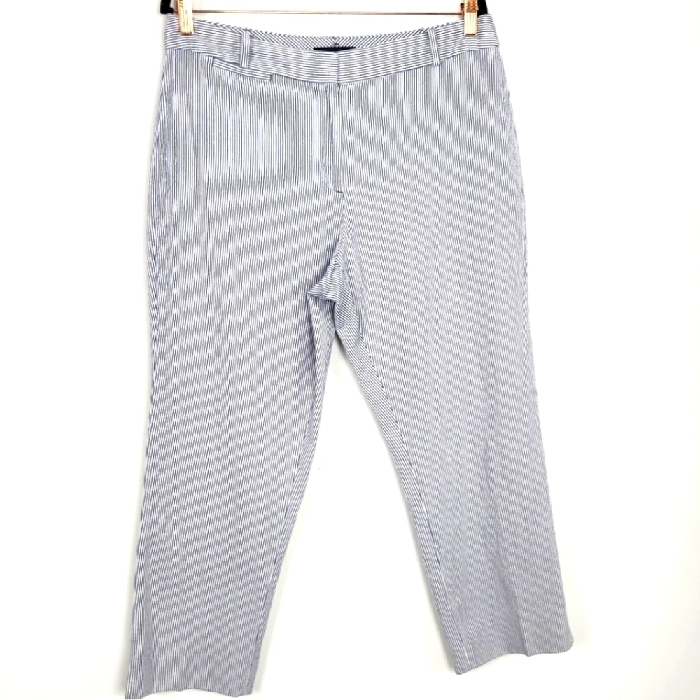 Talbots Cotton Curvy Seersucker Ankle Blue Striped Pockets Pant Size 12